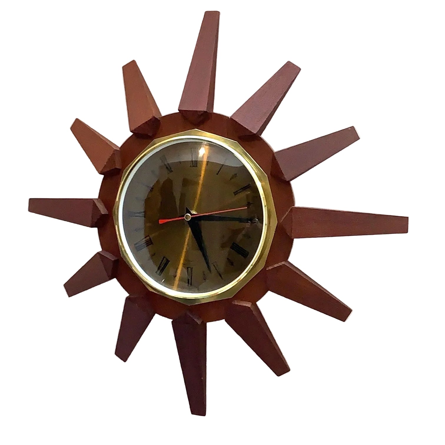 Anstey Wilson 1960s Teak Sunburst Wall Clock, Dark Dial, Silent Quartz