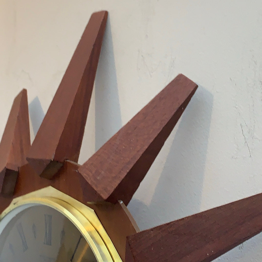 Anstey Wilson 1960s Teak Sunburst Wall Clock, Dark Dial, Silent Quartz