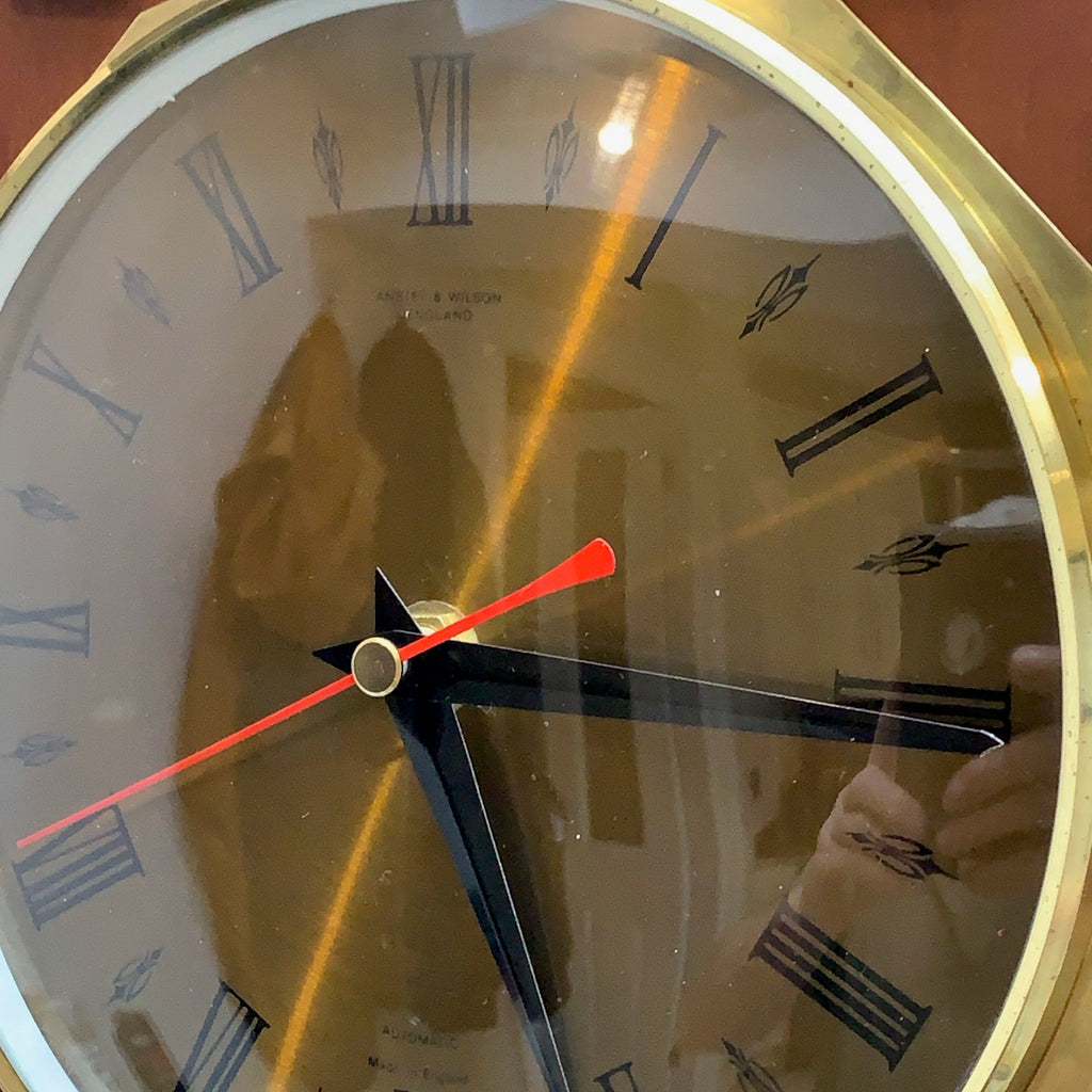 Anstey Wilson 1960s Teak Sunburst Wall Clock, Dark Dial, Silent Quartz