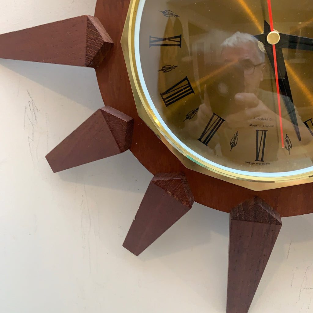 Anstey Wilson 1960s Teak Sunburst Wall Clock, Dark Dial, Silent Quartz