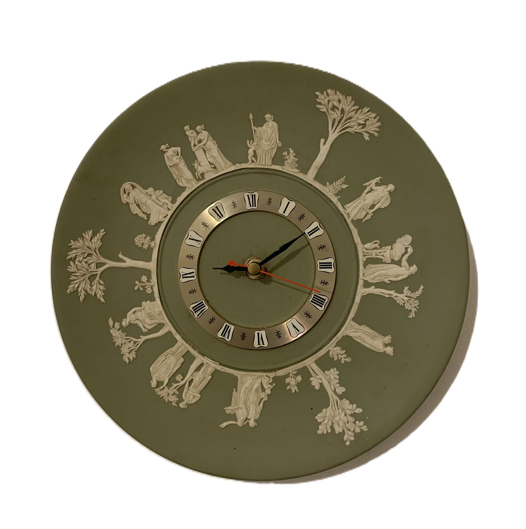 Wedgwood jasperware wall clock, 1970s sage green, neoclassical white relief figures