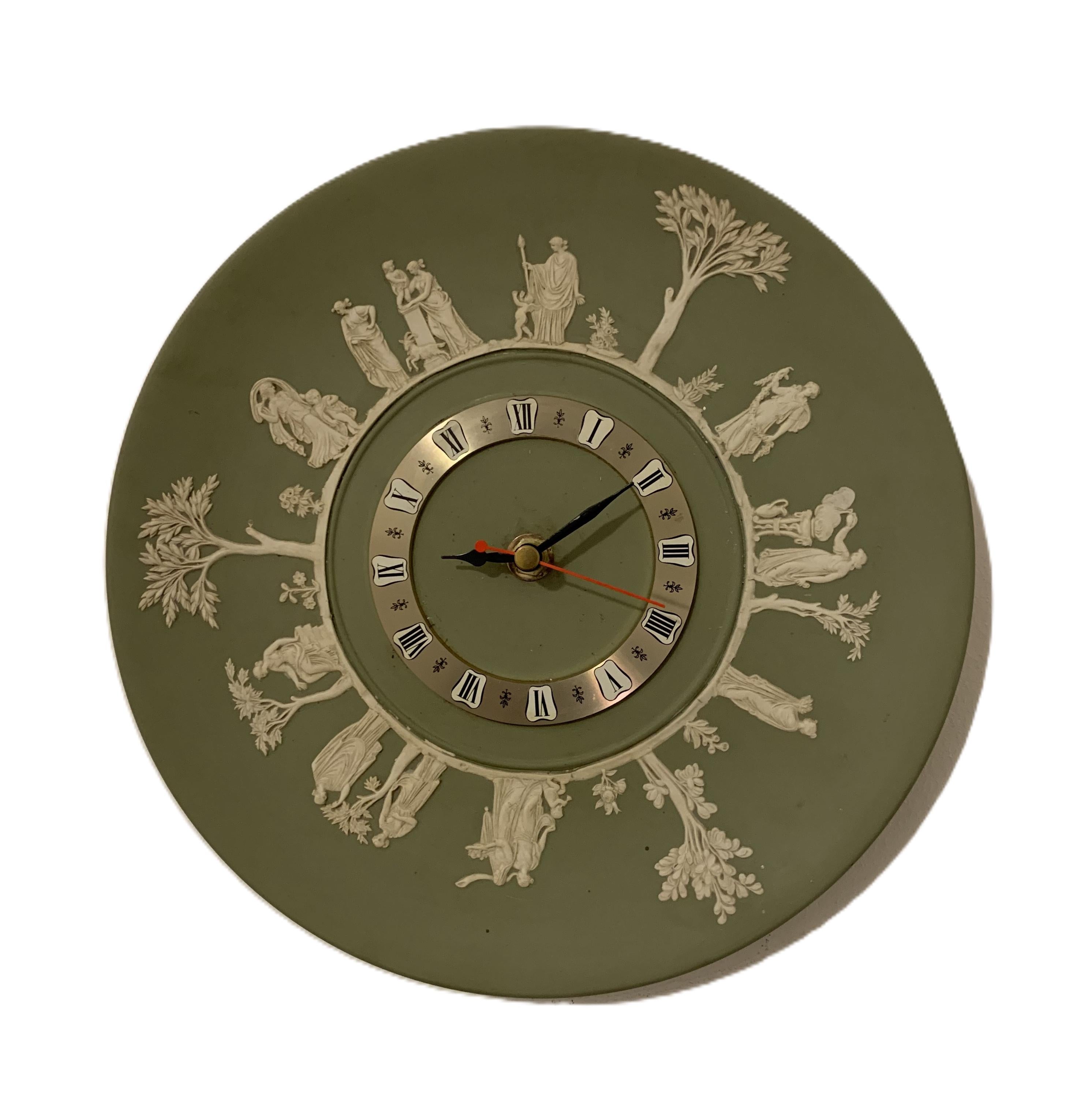 Wedgwood jasperware wall clock, 1970s sage green, neoclassical white relief figures