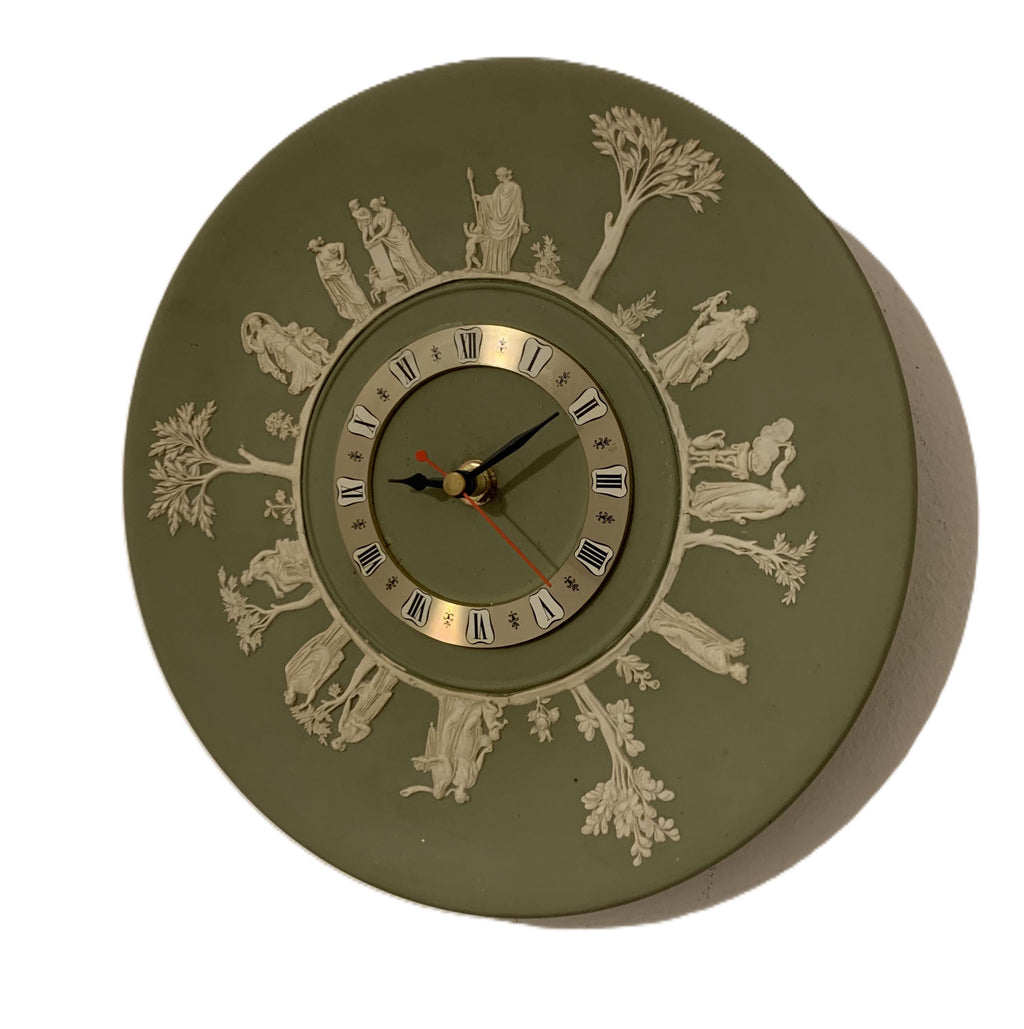 Wedgwood jasperware wall clock, 1970s sage green, neoclassical white relief figures