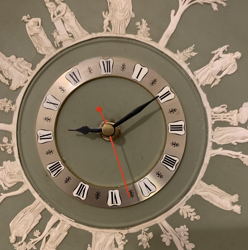 Wedgwood jasperware wall clock, 1970s sage green, neoclassical white relief figures