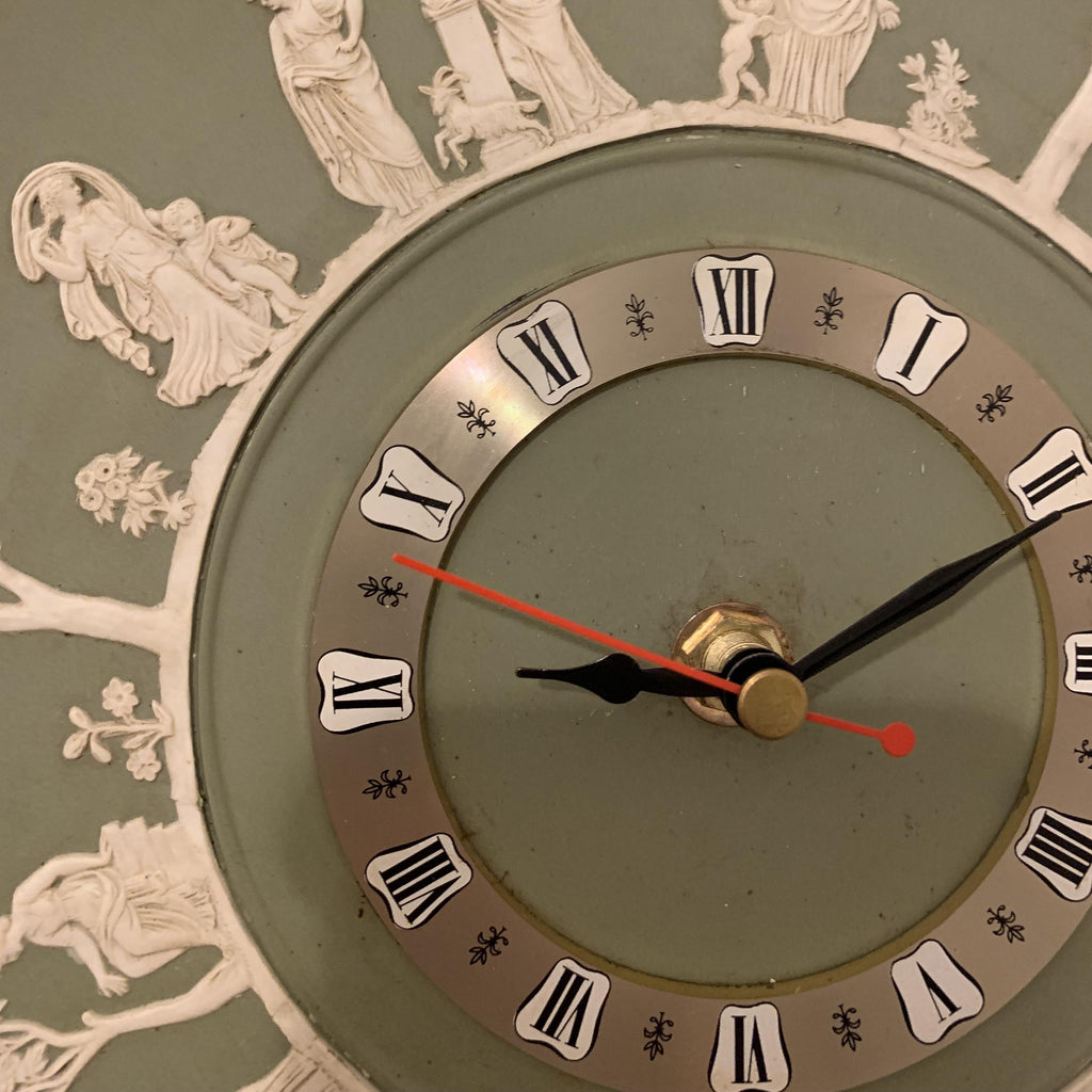 Wedgwood jasperware wall clock, 1970s sage green, neoclassical white relief figures
