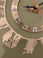 Wedgwood jasperware wall clock, 1970s sage green, neoclassical white relief figures