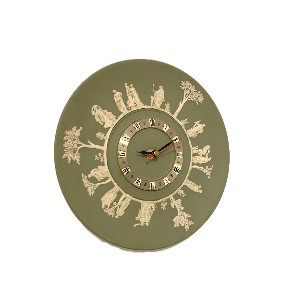 Wedgwood jasperware wall clock, 1970s sage green, neoclassical white relief figures