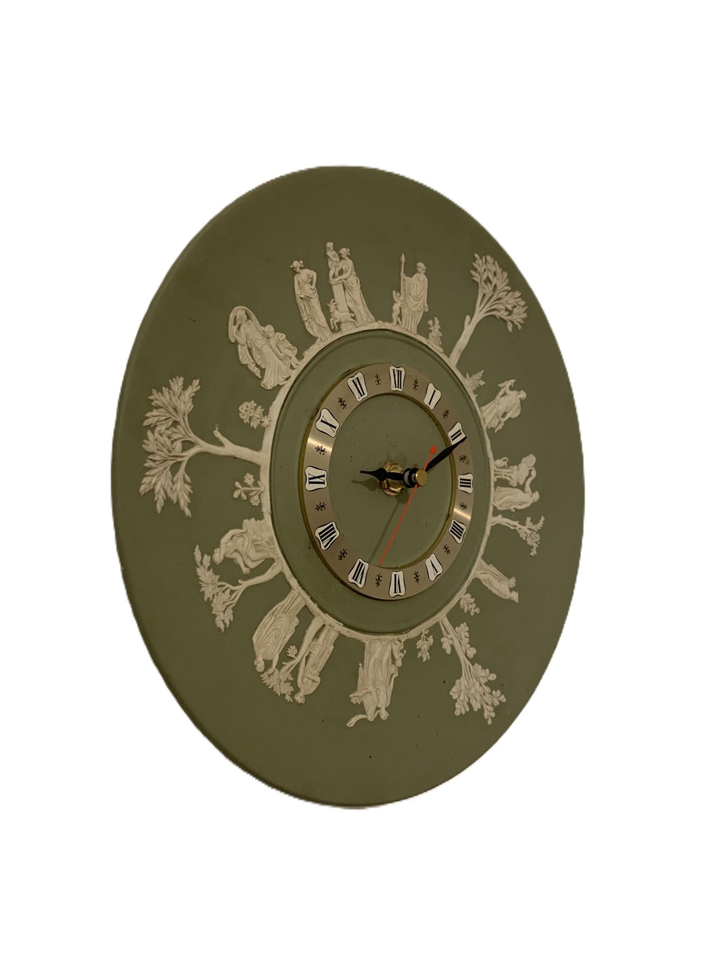 Wedgwood jasperware wall clock, 1970s sage green, neoclassical white relief figures