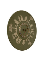 Wedgwood jasperware wall clock, 1970s sage green, neoclassical white relief figures