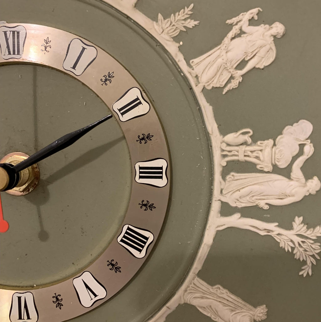 Wedgwood jasperware wall clock, 1970s sage green, neoclassical white relief figures