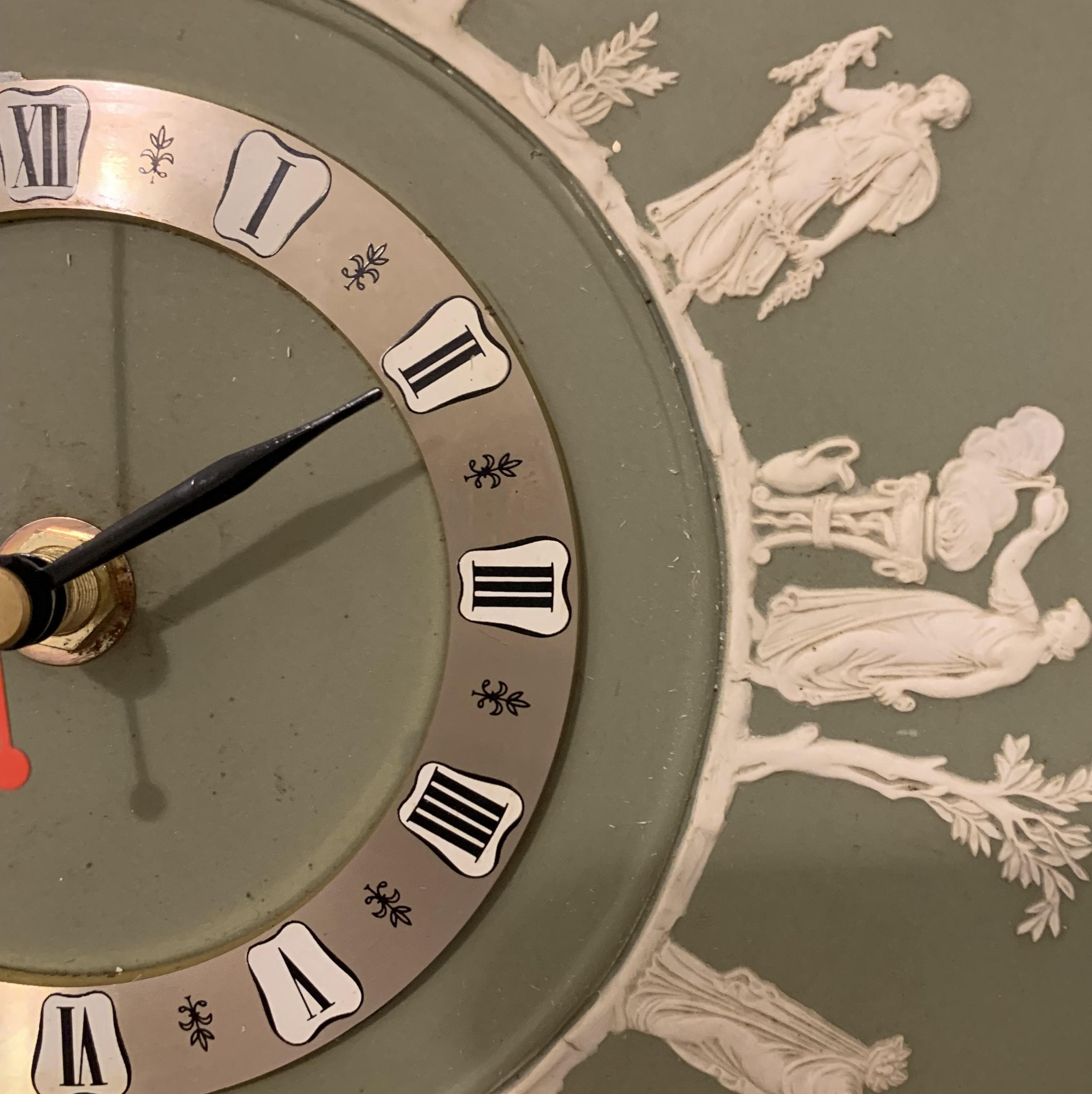 Wedgwood jasperware wall clock, 1970s sage green, neoclassical white relief figures