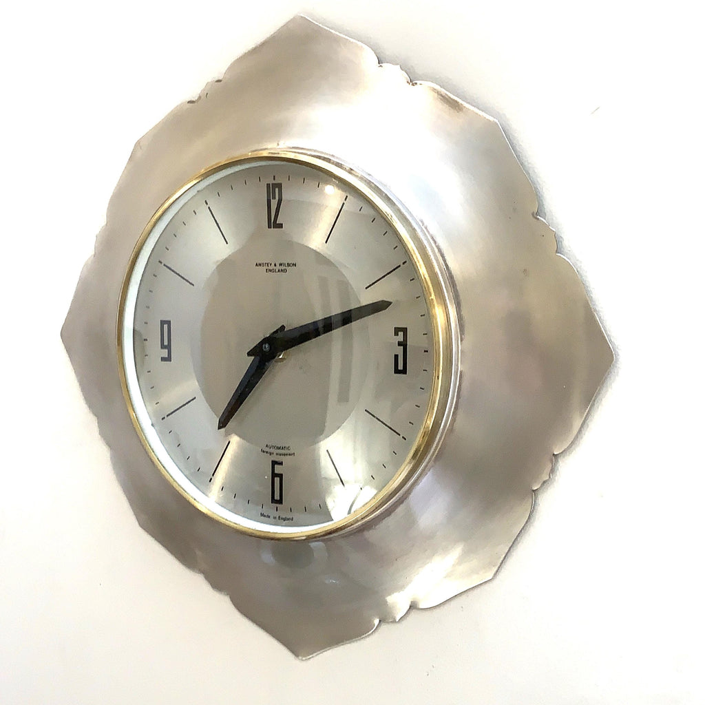 Anstey Wilson England Wall Clock, Scalloped Aluminium, Brass Bezel, 1960s, Automatic, Quartz