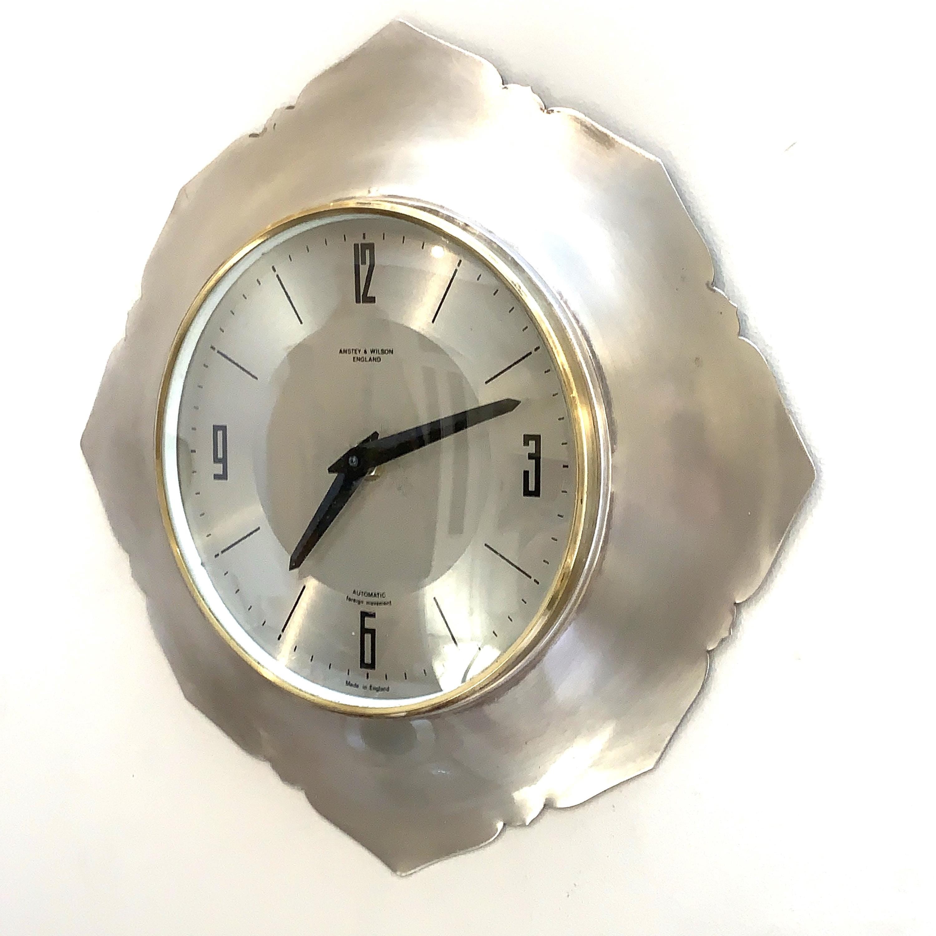 Anstey Wilson England Wall Clock, Scalloped Aluminium, Brass Bezel, 1960s, Automatic, Quartz