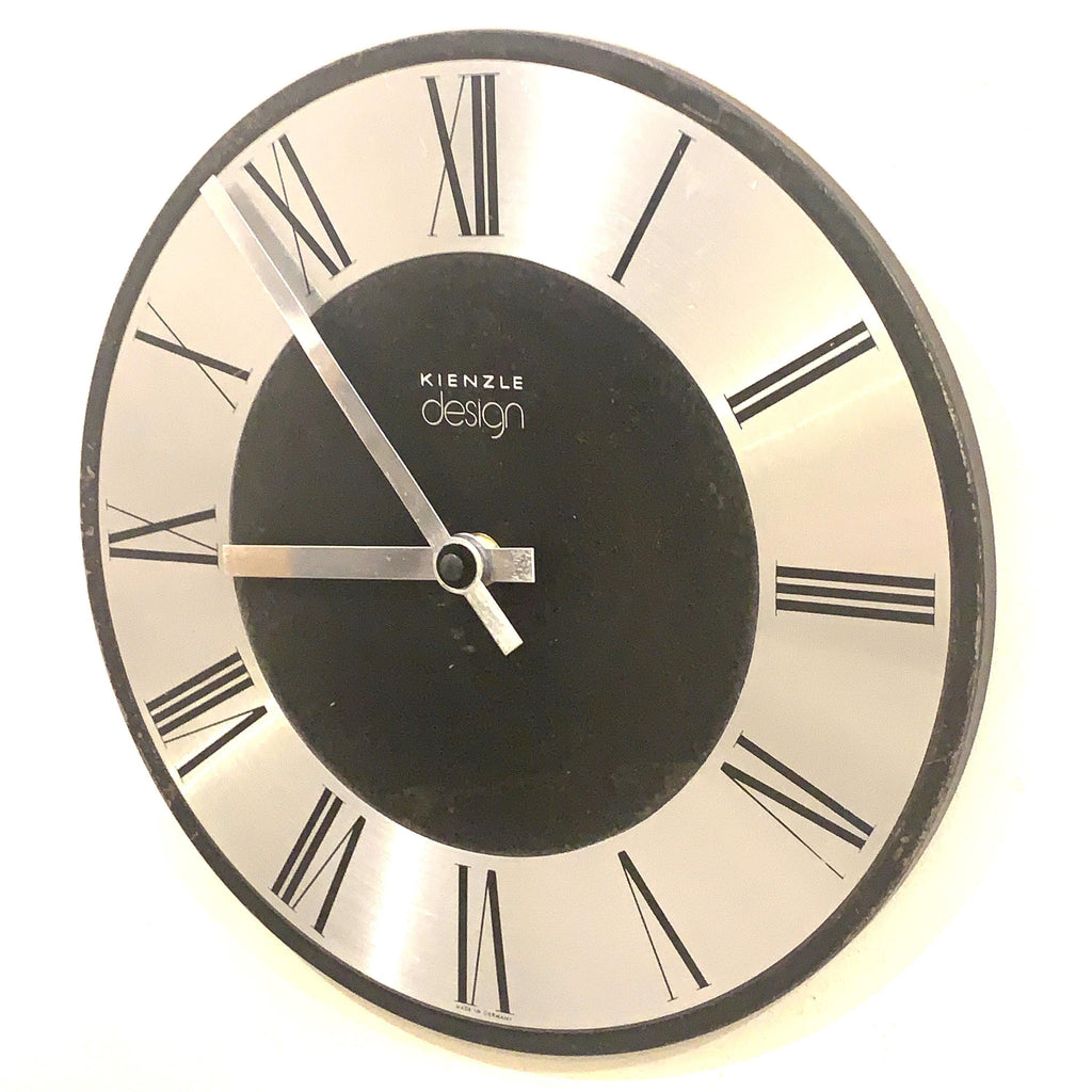 Kienzle Design Wall Clock Germany Brushed Aluminium Black Dial Roman Numerals 1970s Quartz