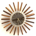 1960s Manley Teak Walnut Starburst Clock, 24 Spoke Atomic Design