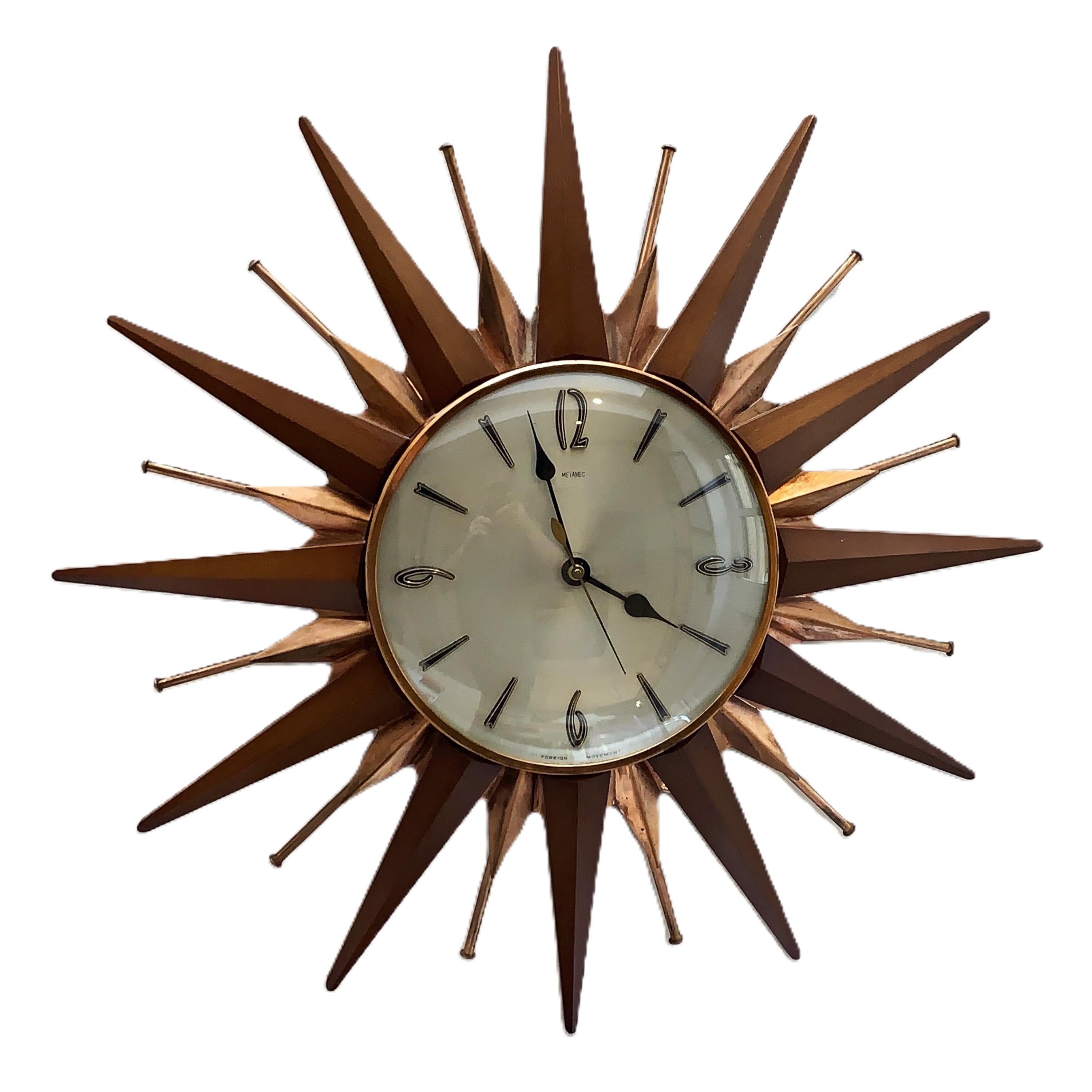 Metamec Sunburst Wall Clock, Model 5890 Copper Variant, 1960s Teak & Copper Starburst, 44cm, England
