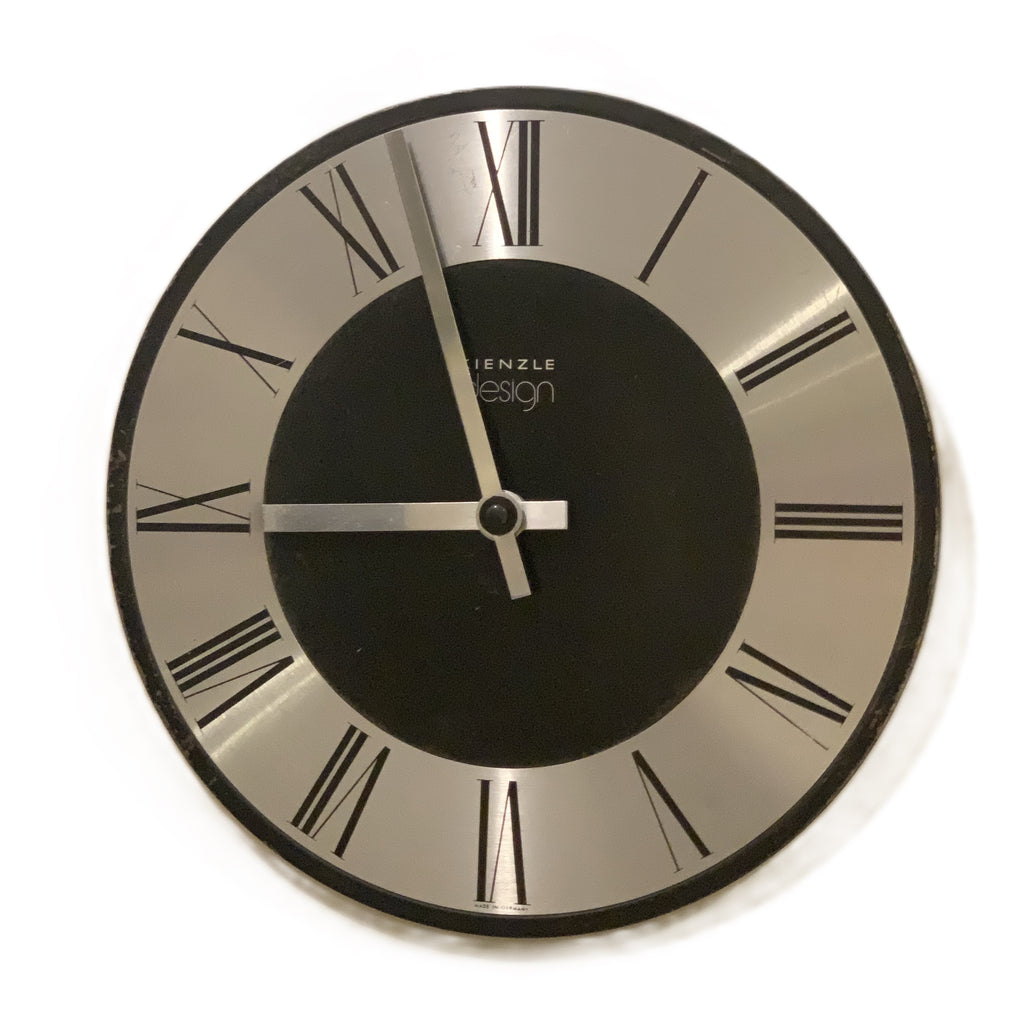 Kienzle Design Wall Clock Germany Brushed Aluminium Black Dial Roman Numerals 1970s Quartz