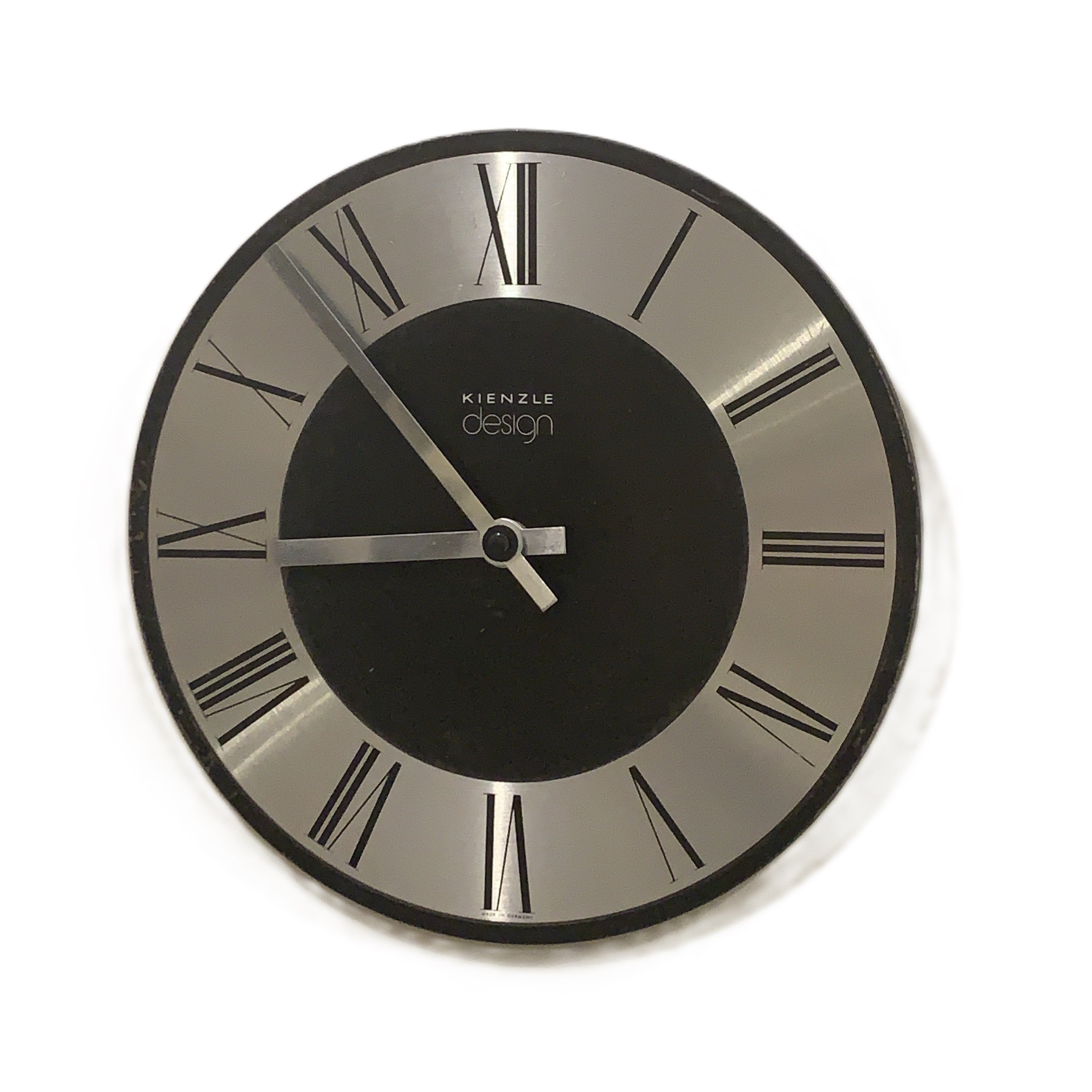 Kienzle Design Wall Clock Germany Brushed Aluminium Black Dial Roman Numerals 1970s Quartz