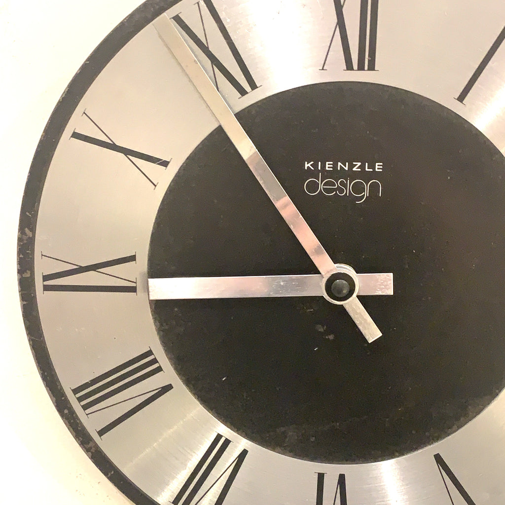 Kienzle Design Wall Clock Germany Brushed Aluminium Black Dial Roman Numerals 1970s Quartz