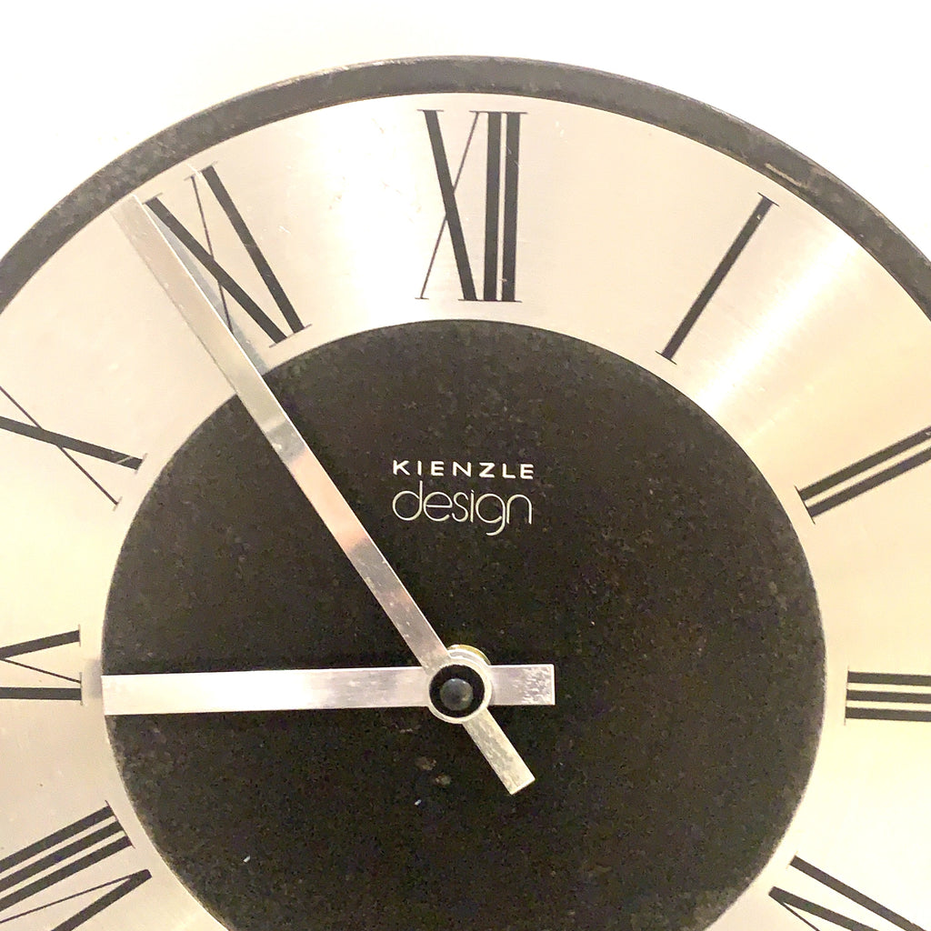 Kienzle Design Wall Clock Germany Brushed Aluminium Black Dial Roman Numerals 1970s Quartz