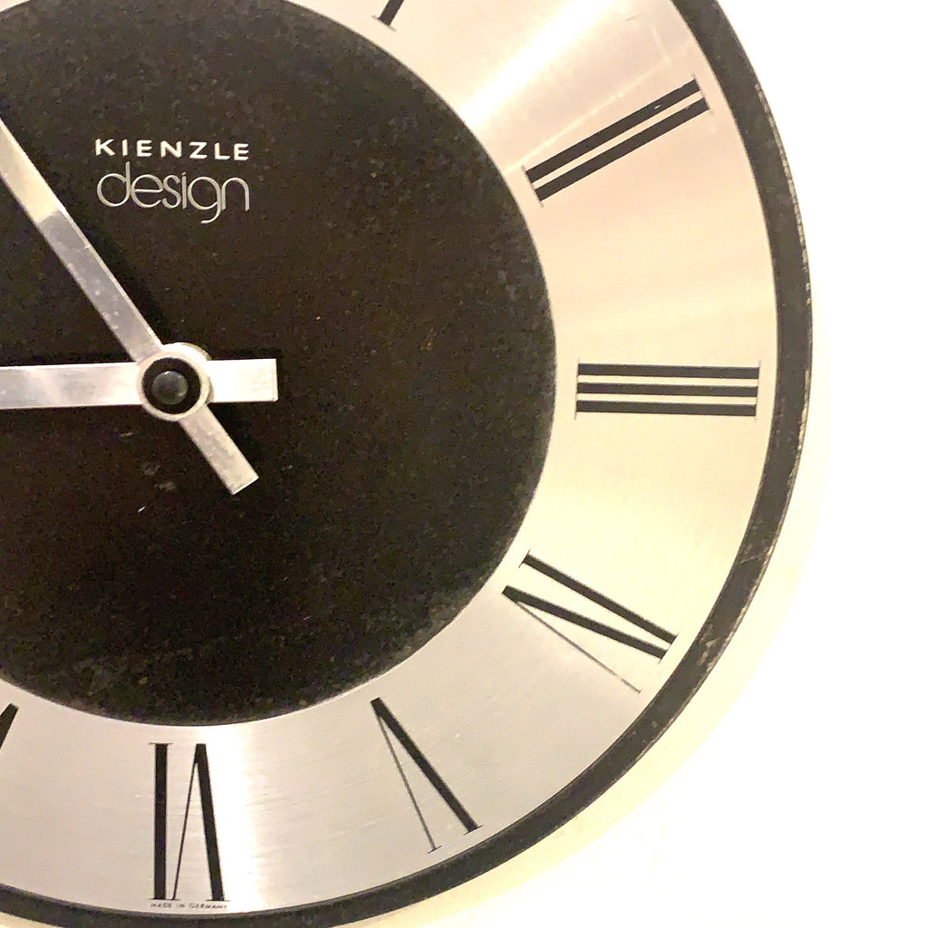 Kienzle Design Wall Clock Germany Brushed Aluminium Black Dial Roman Numerals 1970s Quartz