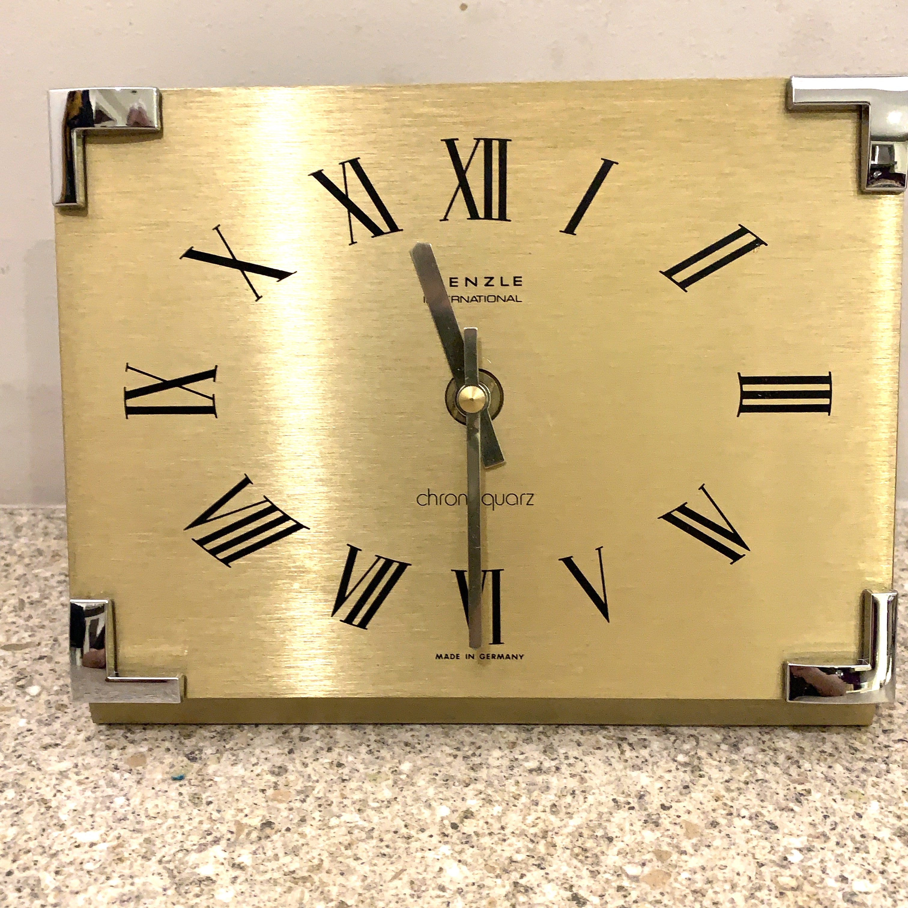 Kienzle International Chronoquartz Mantel Clock, 1970s Brushed Gold Aluminium, Chrome Corners
