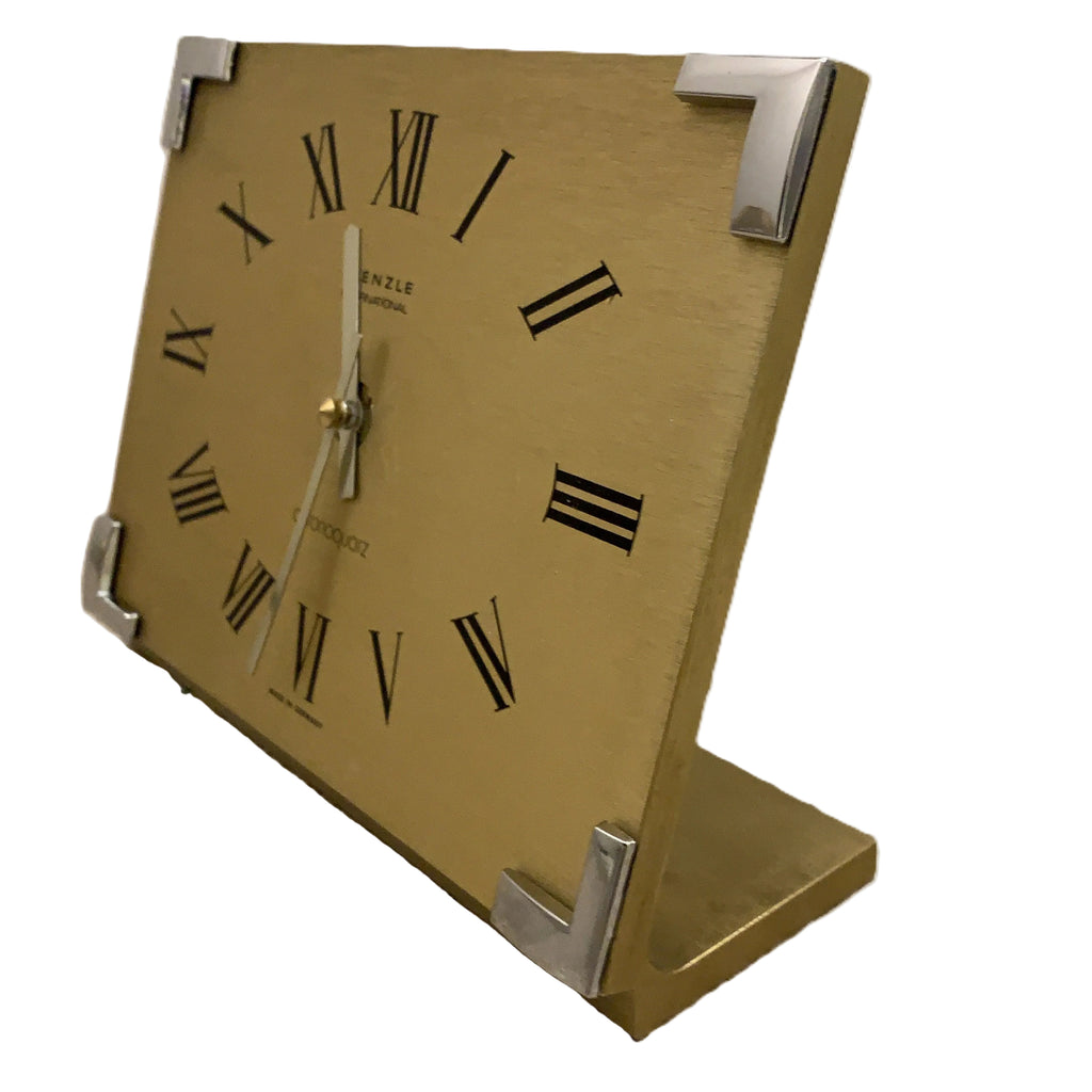 Kienzle International Chronoquartz Mantel Clock, 1970s Brushed Gold Aluminium, Chrome Corners