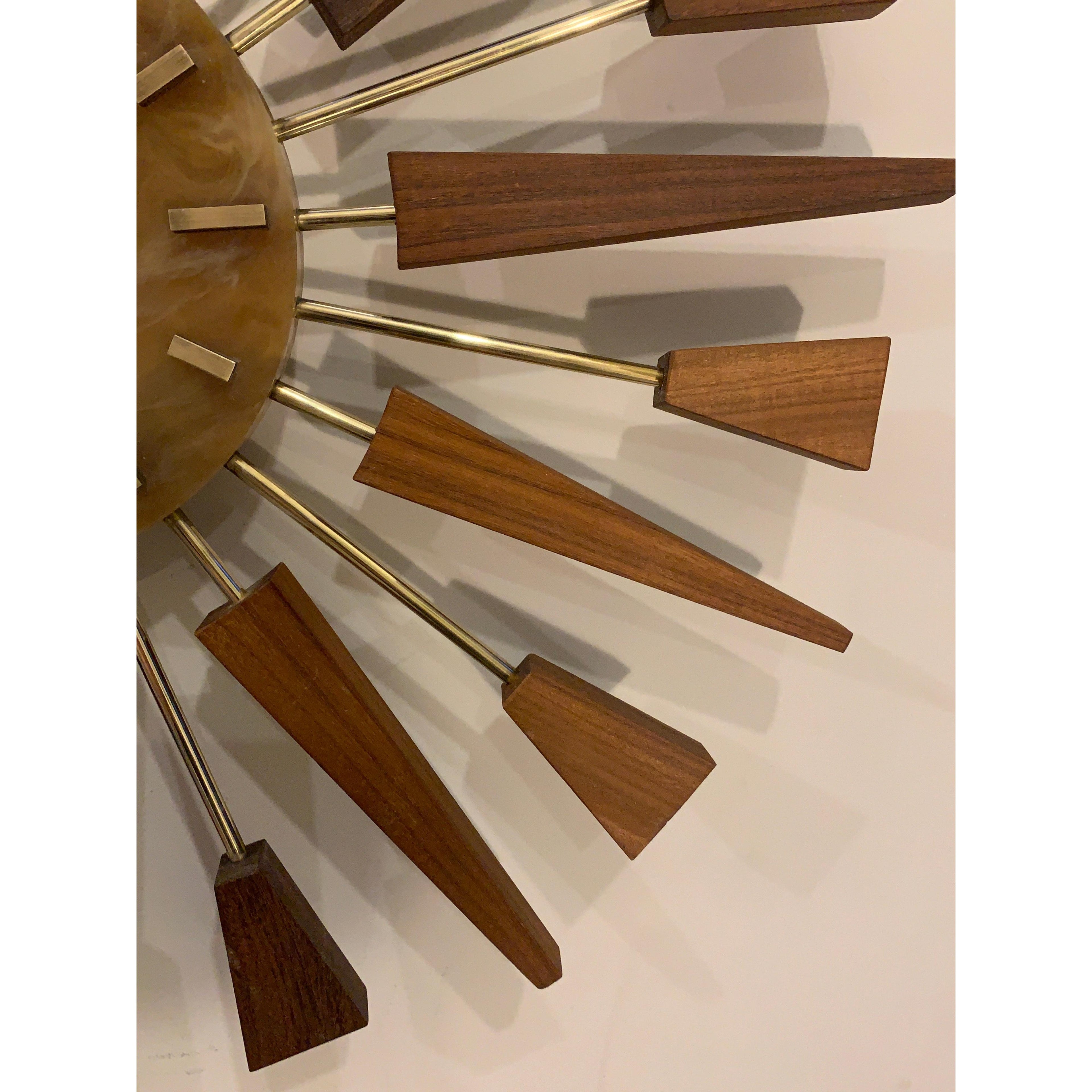 1960s Manley Starburst Clock, Walnut Brass Spokes, Faux Onyx Dial, Mid Century