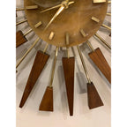 1960s Manley Starburst Clock, Walnut Brass Spokes, Faux Onyx Dial, Mid Century