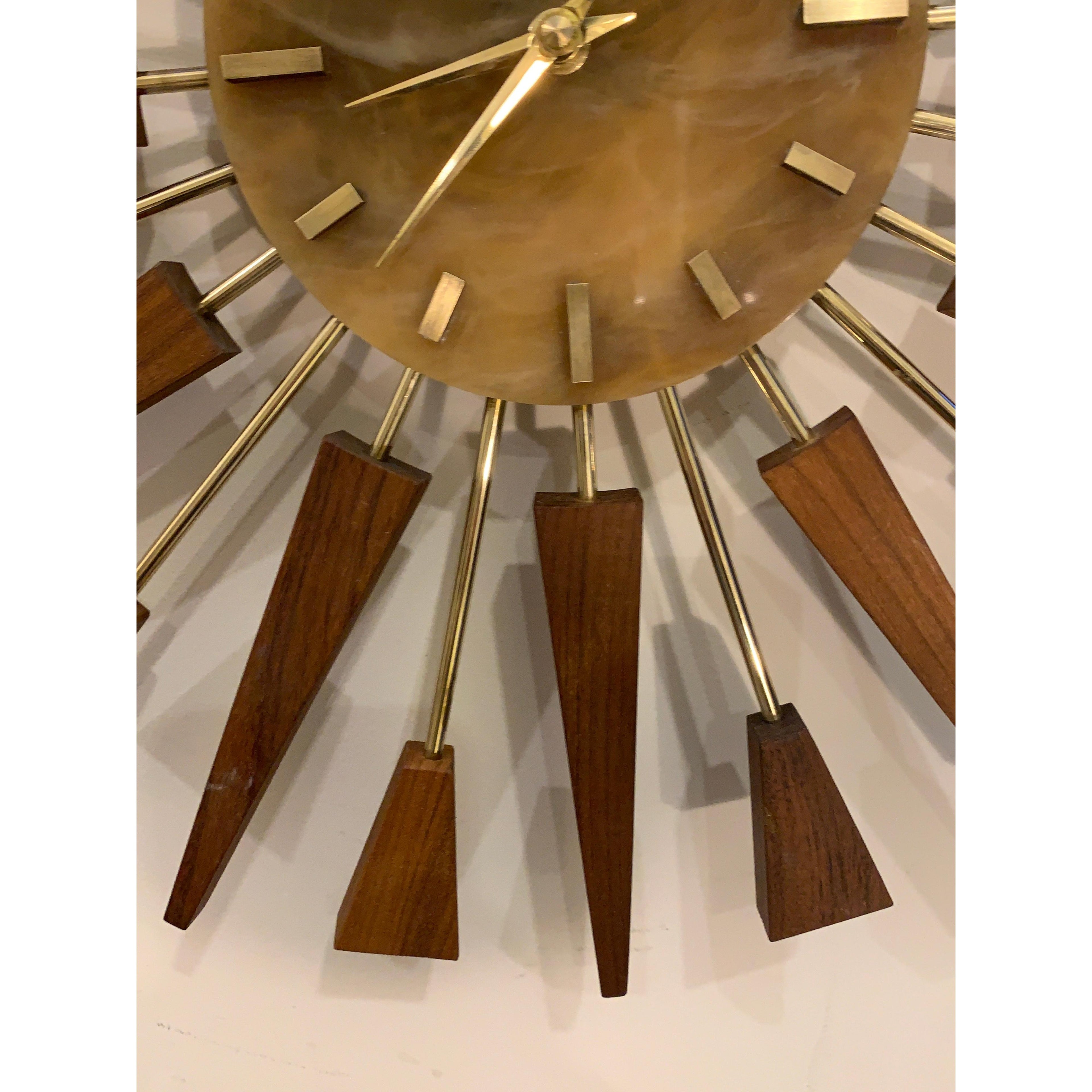 1960s Manley Starburst Clock, Walnut Brass Spokes, Faux Onyx Dial, Mid Century
