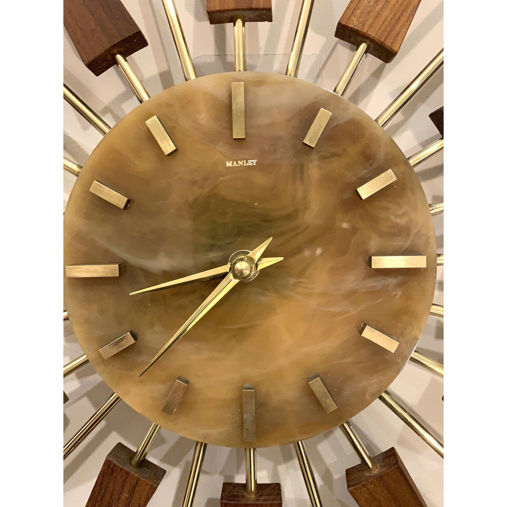 1960s Manley Starburst Clock, Walnut Brass Spokes, Faux Onyx Dial, Mid Century