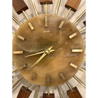 1960s Manley Starburst Clock, Walnut Brass Spokes, Faux Onyx Dial, Mid Century