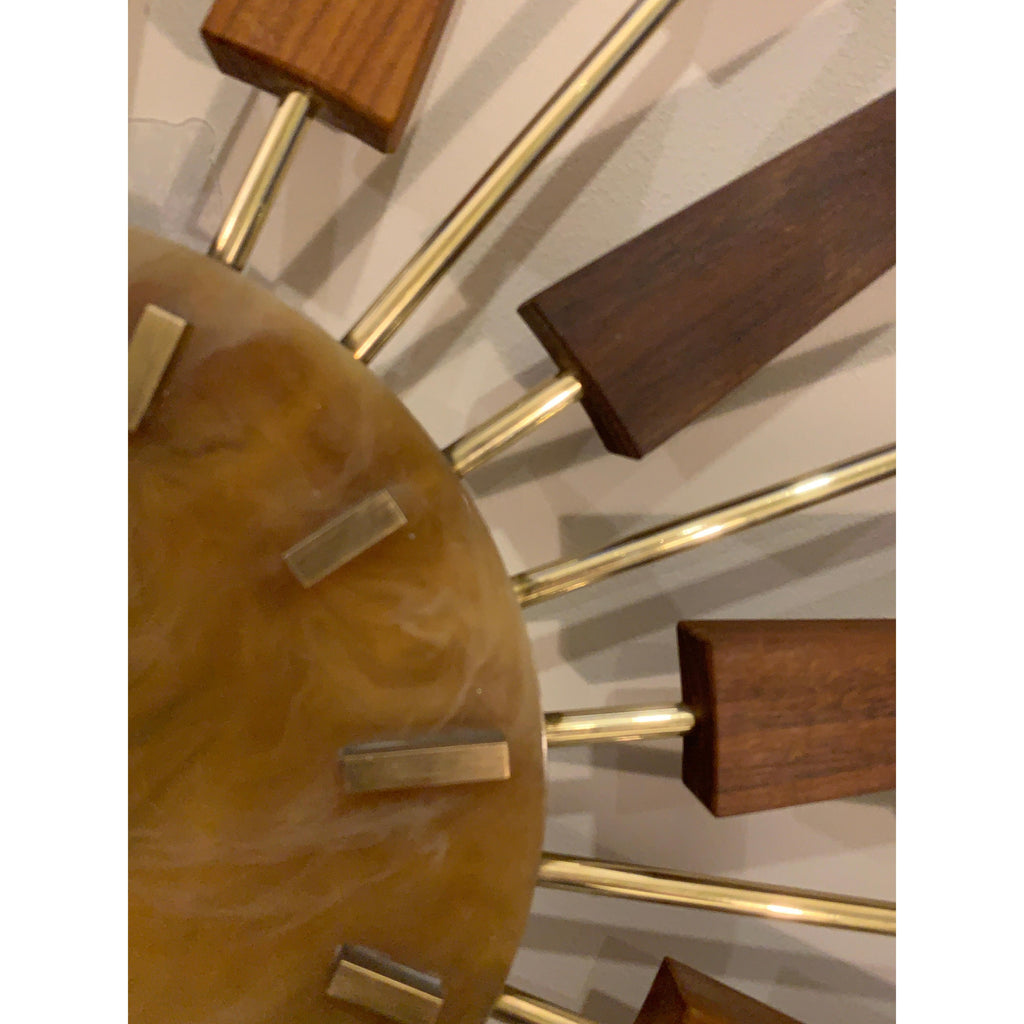 1960s Manley Starburst Clock, Walnut Brass Spokes, Faux Onyx Dial, Mid Century