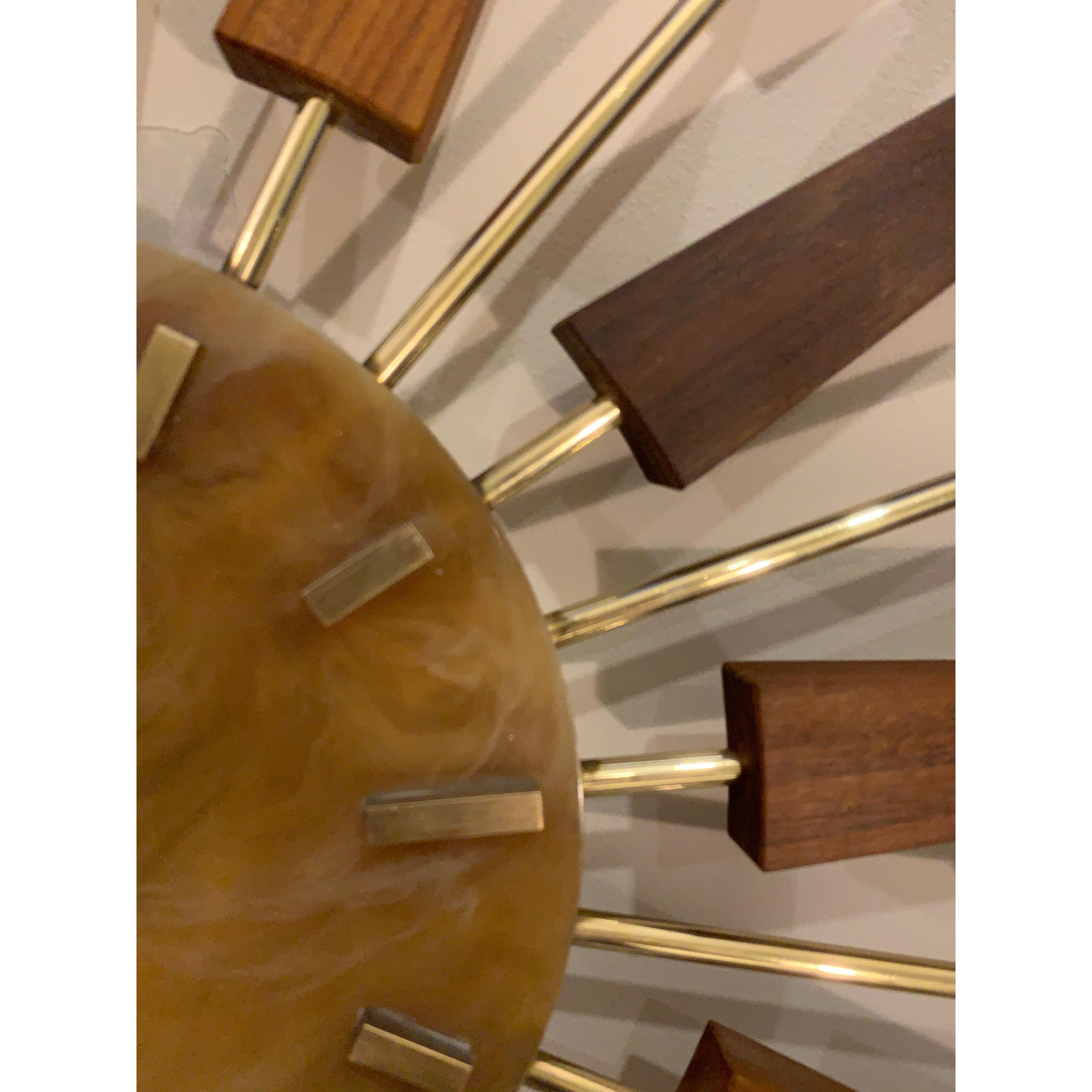 1960s Manley Starburst Clock, Walnut Brass Spokes, Faux Onyx Dial, Mid Century