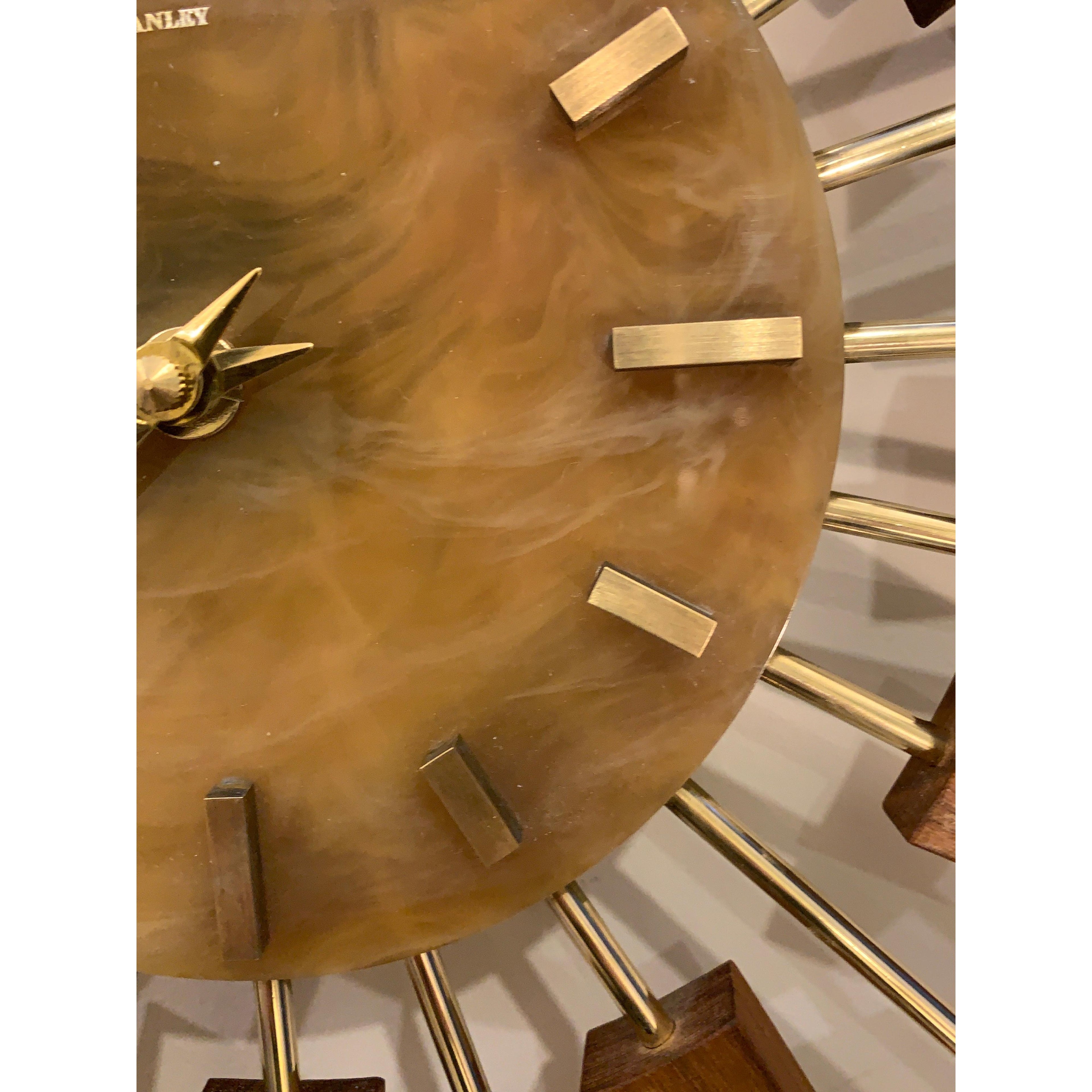 1960s Manley Starburst Clock, Walnut Brass Spokes, Faux Onyx Dial, Mid Century