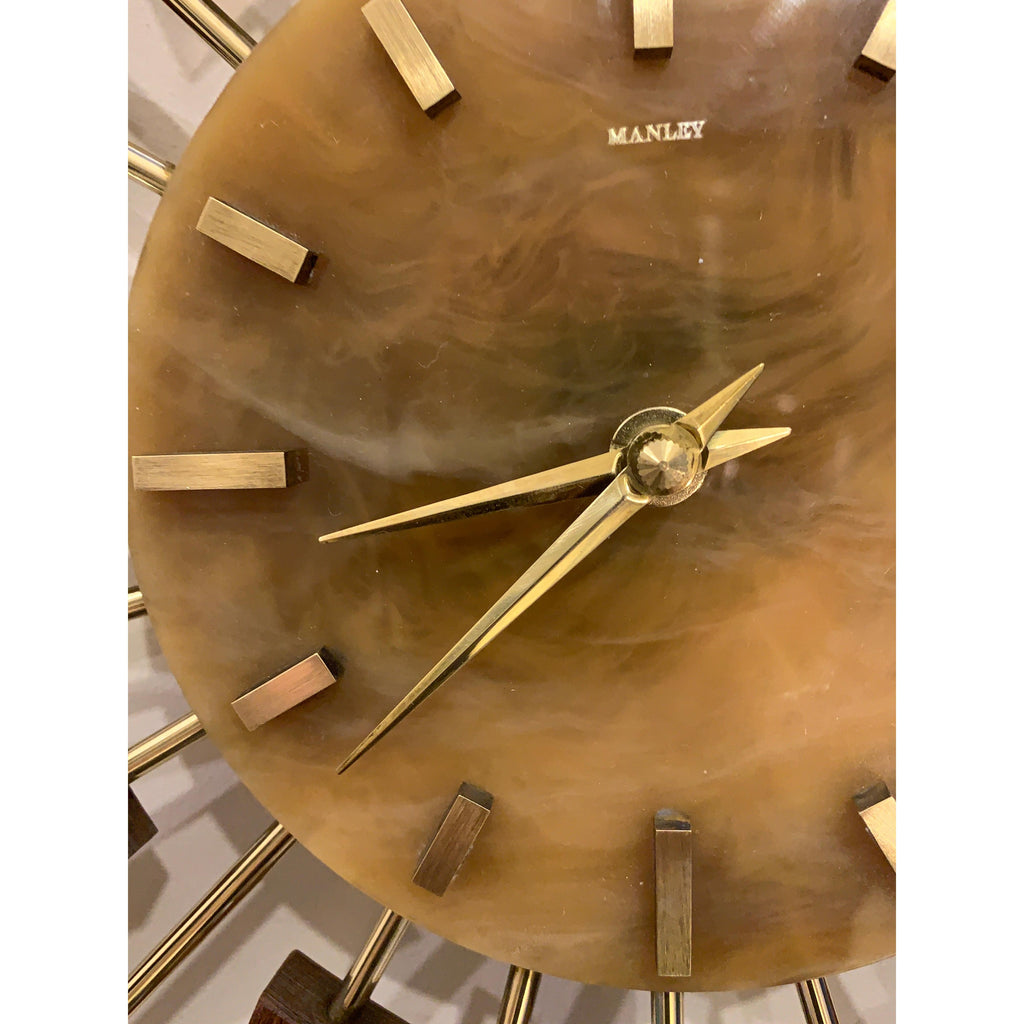 1960s Manley Starburst Clock, Walnut Brass Spokes, Faux Onyx Dial, Mid Century
