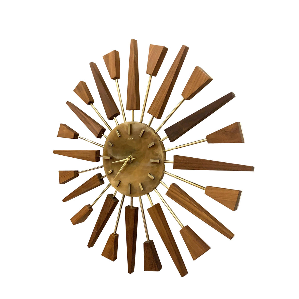 1960s Manley Starburst Clock, Walnut Brass Spokes, Faux Onyx Dial, Mid Century