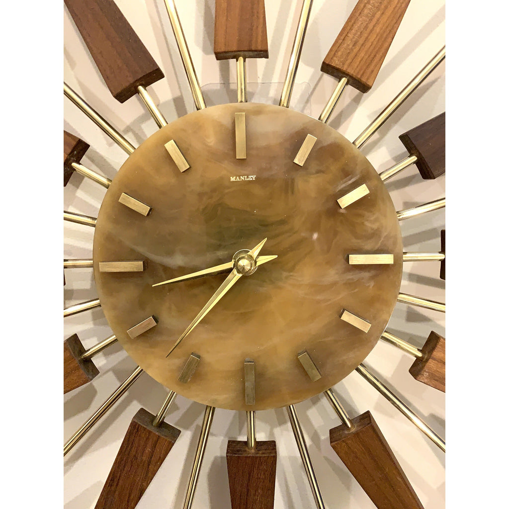 1960s Manley Starburst Clock, Walnut Brass Spokes, Faux Onyx Dial, Mid Century