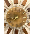 1960s Manley Starburst Clock, Walnut Brass Spokes, Faux Onyx Dial, Mid Century