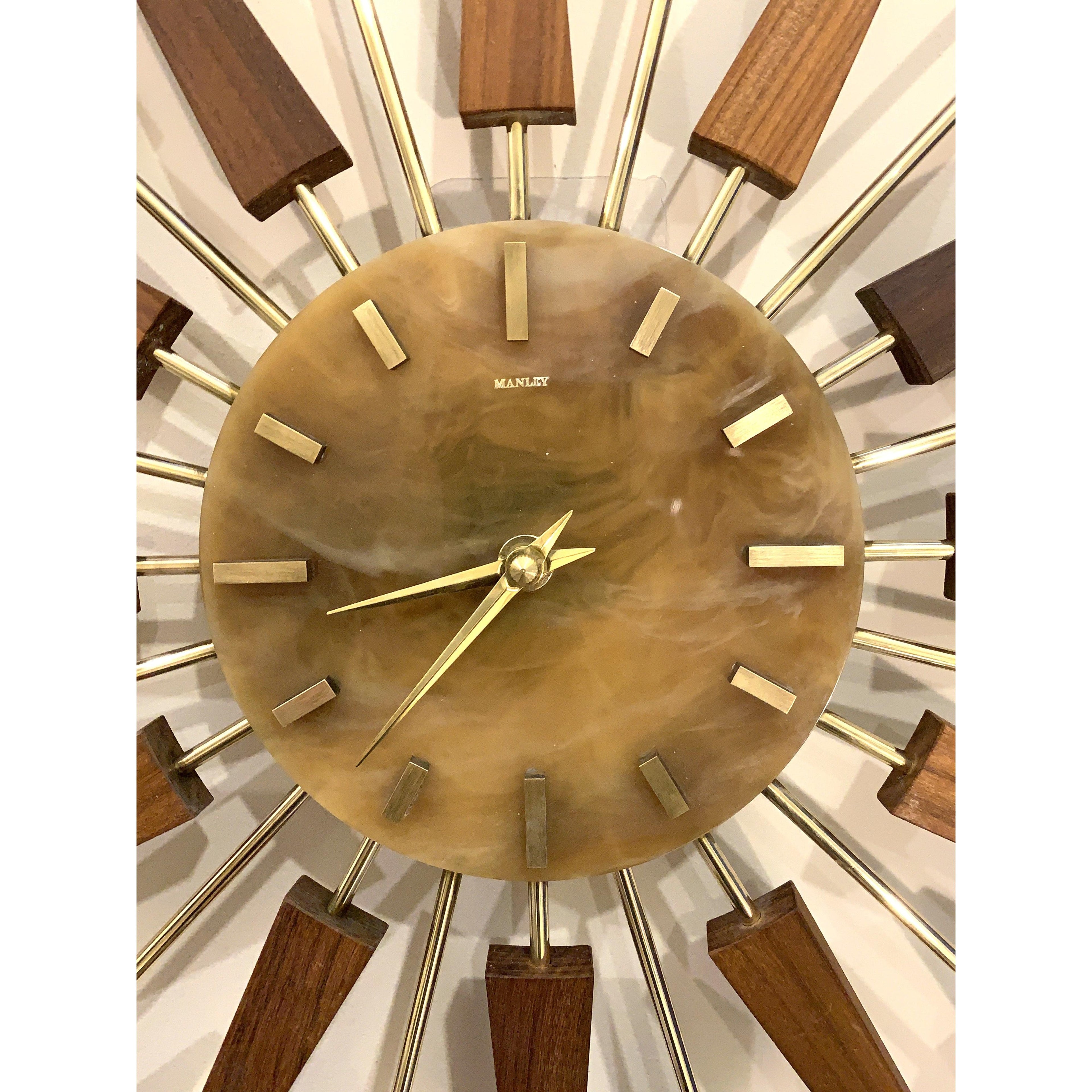 1960s Manley Starburst Clock, Walnut Brass Spokes, Faux Onyx Dial, Mid Century