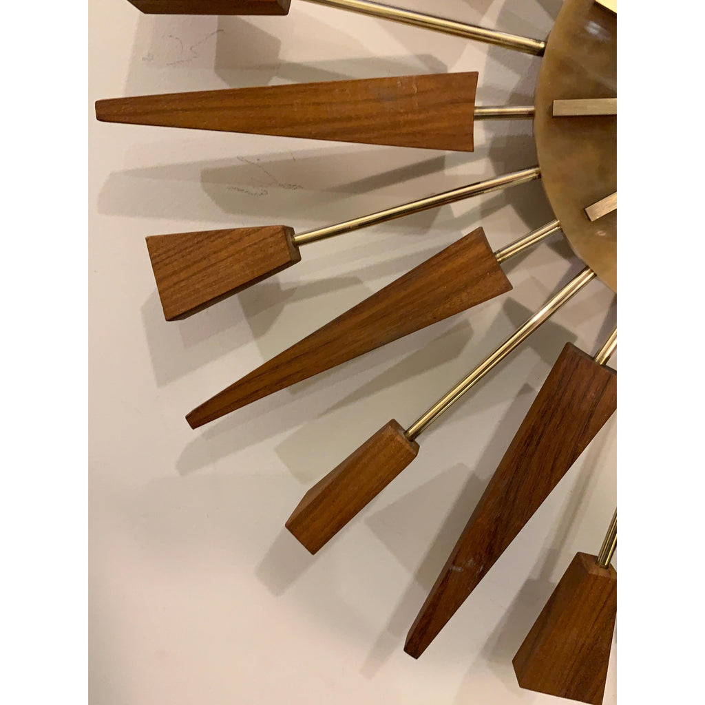 1960s Manley Starburst Clock, Walnut Brass Spokes, Faux Onyx Dial, Mid Century