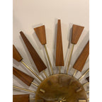 1960s Manley Starburst Clock, Walnut Brass Spokes, Faux Onyx Dial, Mid Century
