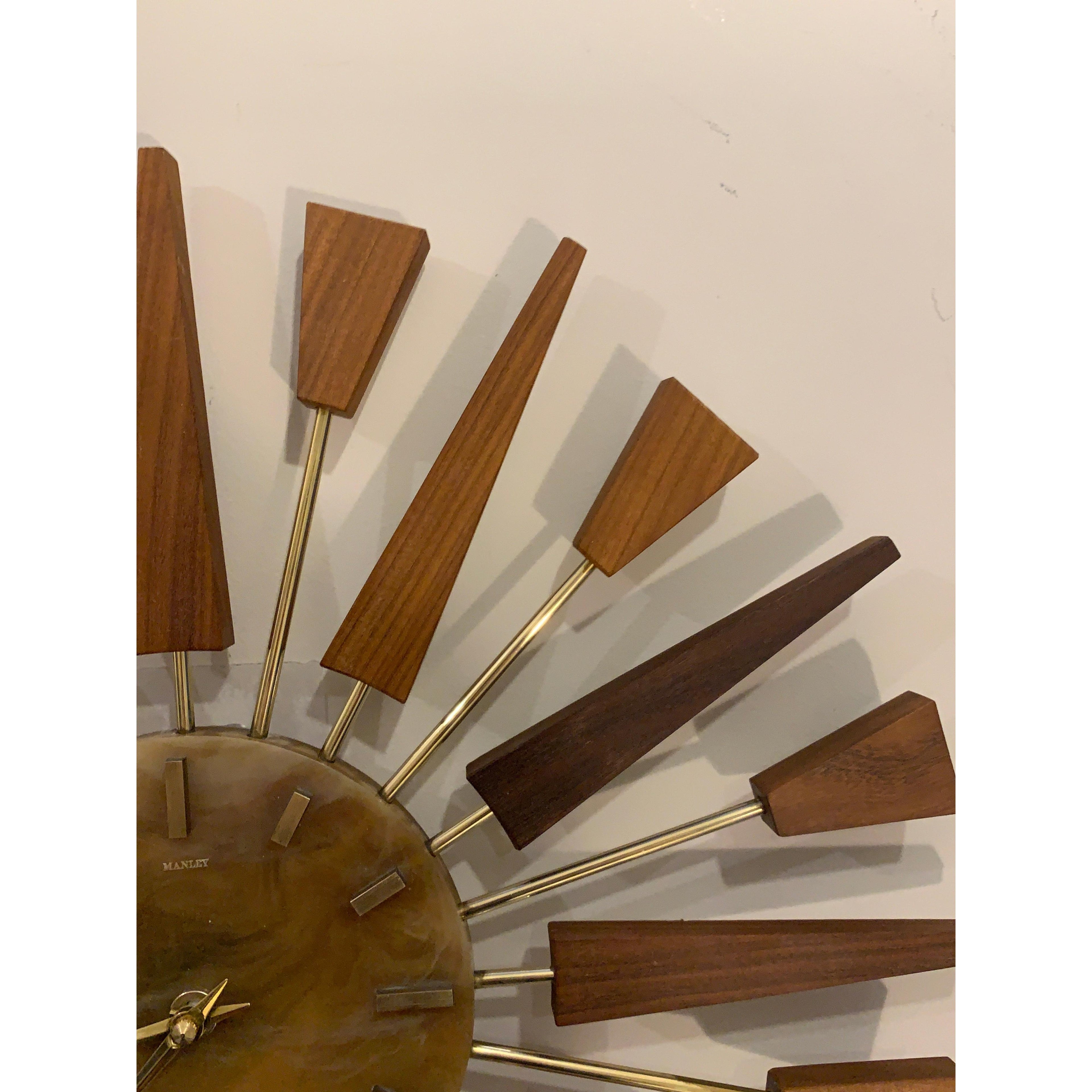 1960s Manley Starburst Clock, Walnut Brass Spokes, Faux Onyx Dial, Mid Century