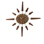 Manley Starburst Wall Clock – 1960s British Teak Walnut Brass Faux Marble Face 19 Inch Quartz