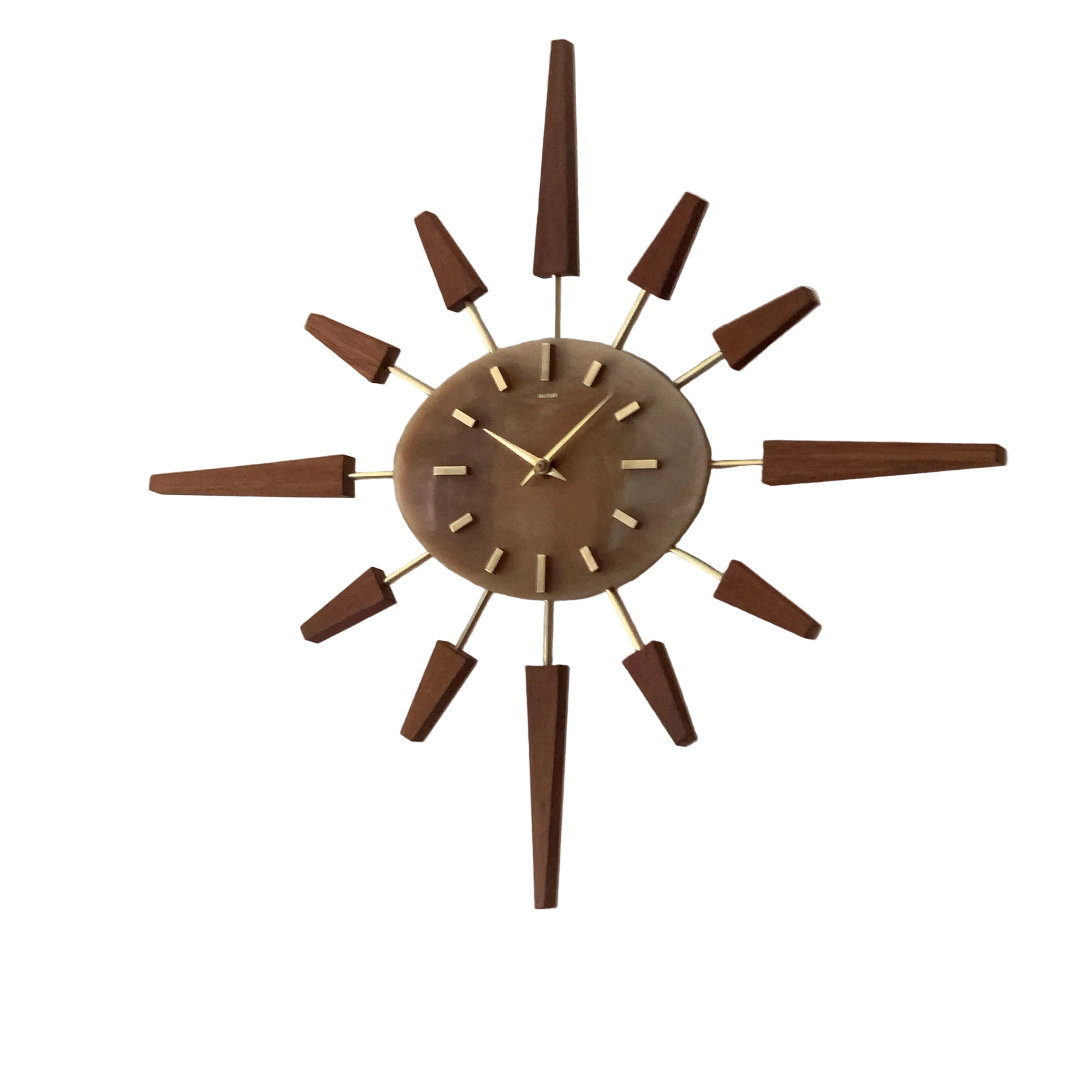 Manley Starburst Wall Clock – 1960s British Teak Walnut Brass Faux Marble Face 19 Inch Quartz