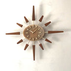 Manley Starburst Wall Clock – 1960s British Teak Walnut Brass Faux Marble Face 19 Inch Quartz