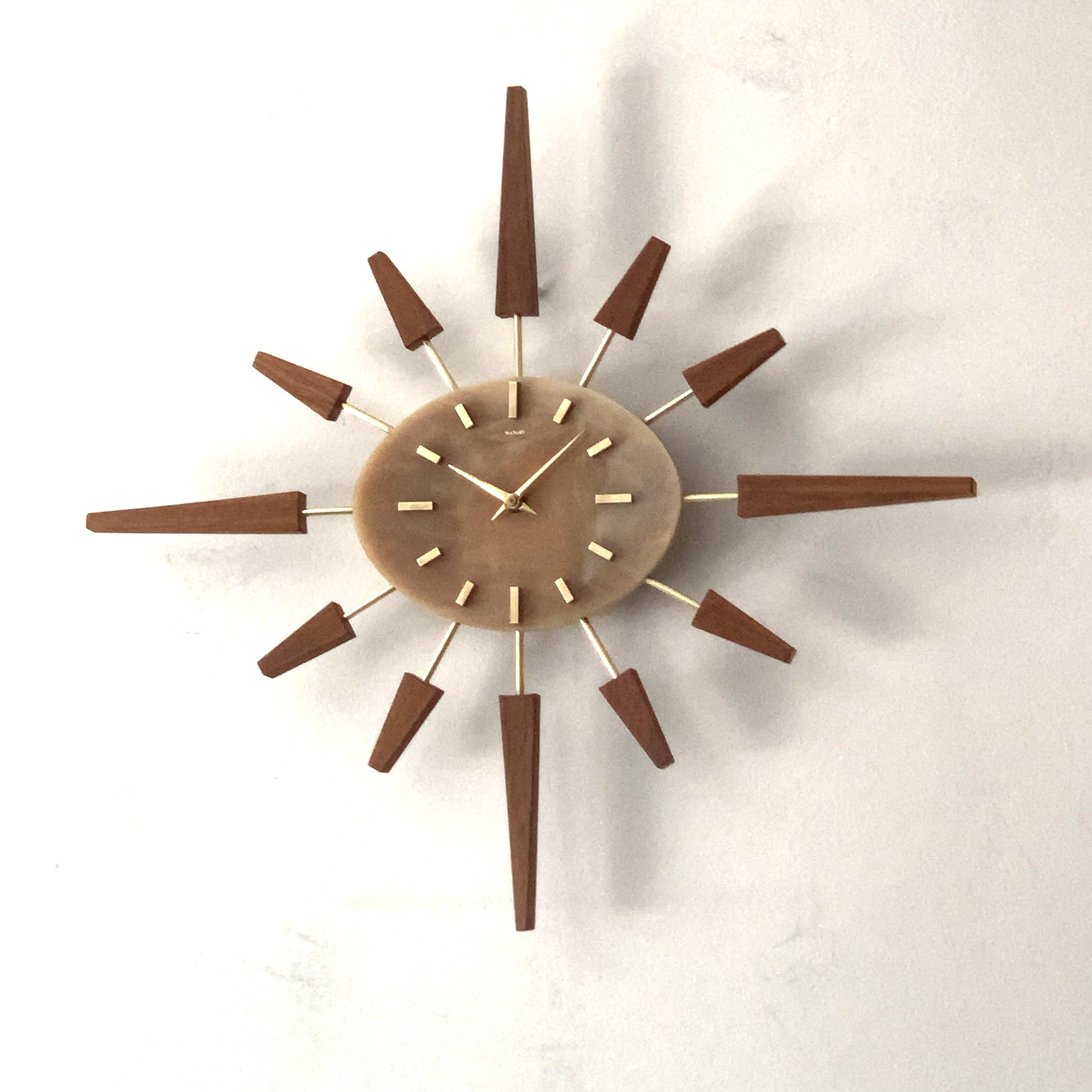 Manley Starburst Wall Clock – 1960s British Teak Walnut Brass Faux Marble Face 19 Inch Quartz