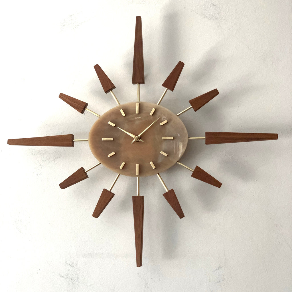 Manley Starburst Wall Clock – 1960s British Teak Walnut Brass Faux Marble Face 19 Inch Quartz