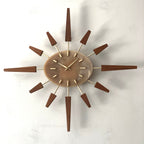 Manley Starburst Wall Clock – 1960s British Teak Walnut Brass Faux Marble Face 19 Inch Quartz