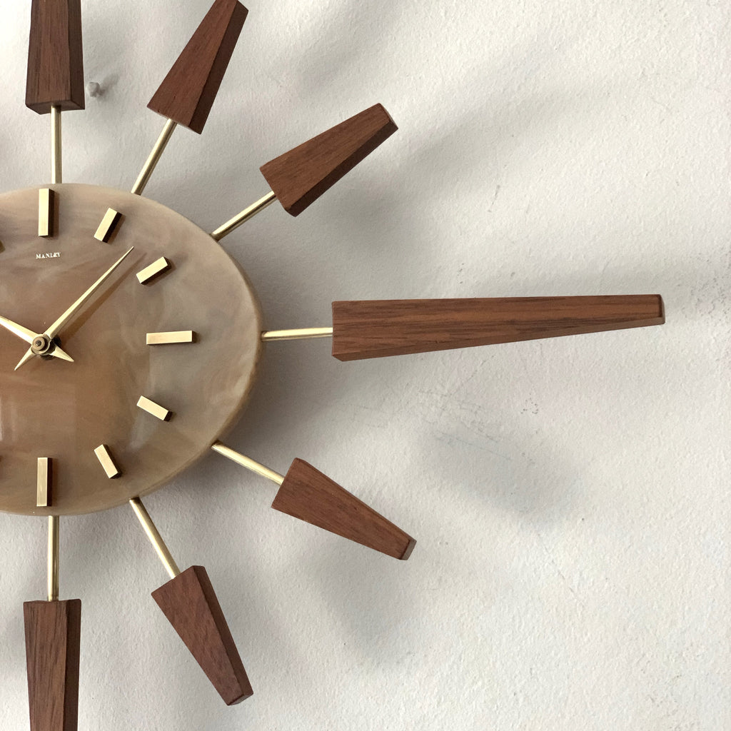Manley Starburst Wall Clock – 1960s British Teak Walnut Brass Faux Marble Face 19 Inch Quartz